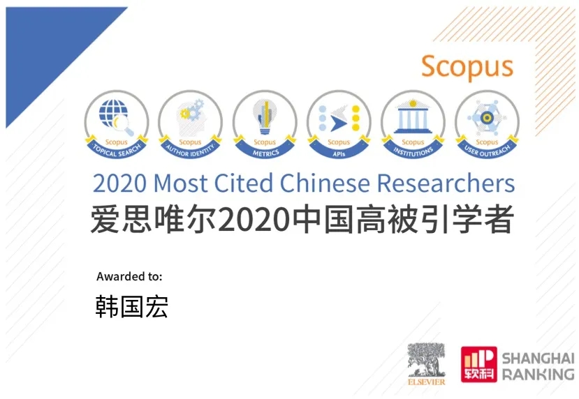 韓國宏教授入選 “2020年中國高被引學(xué)者”榜單！